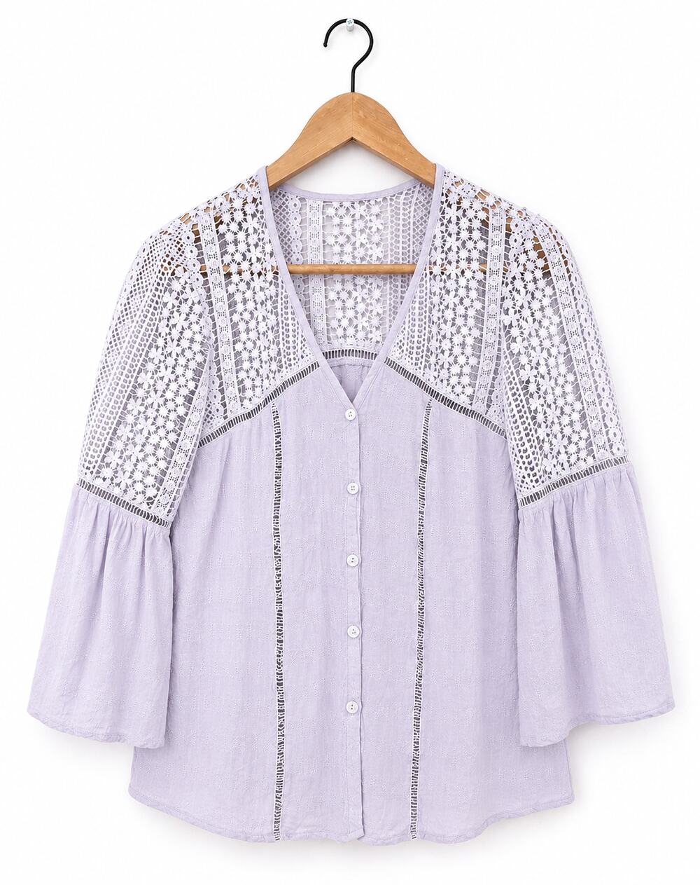 Womens Lavender Lace Crochet Boho Blouse Bell Sleeve Button Front Top S S Hippie